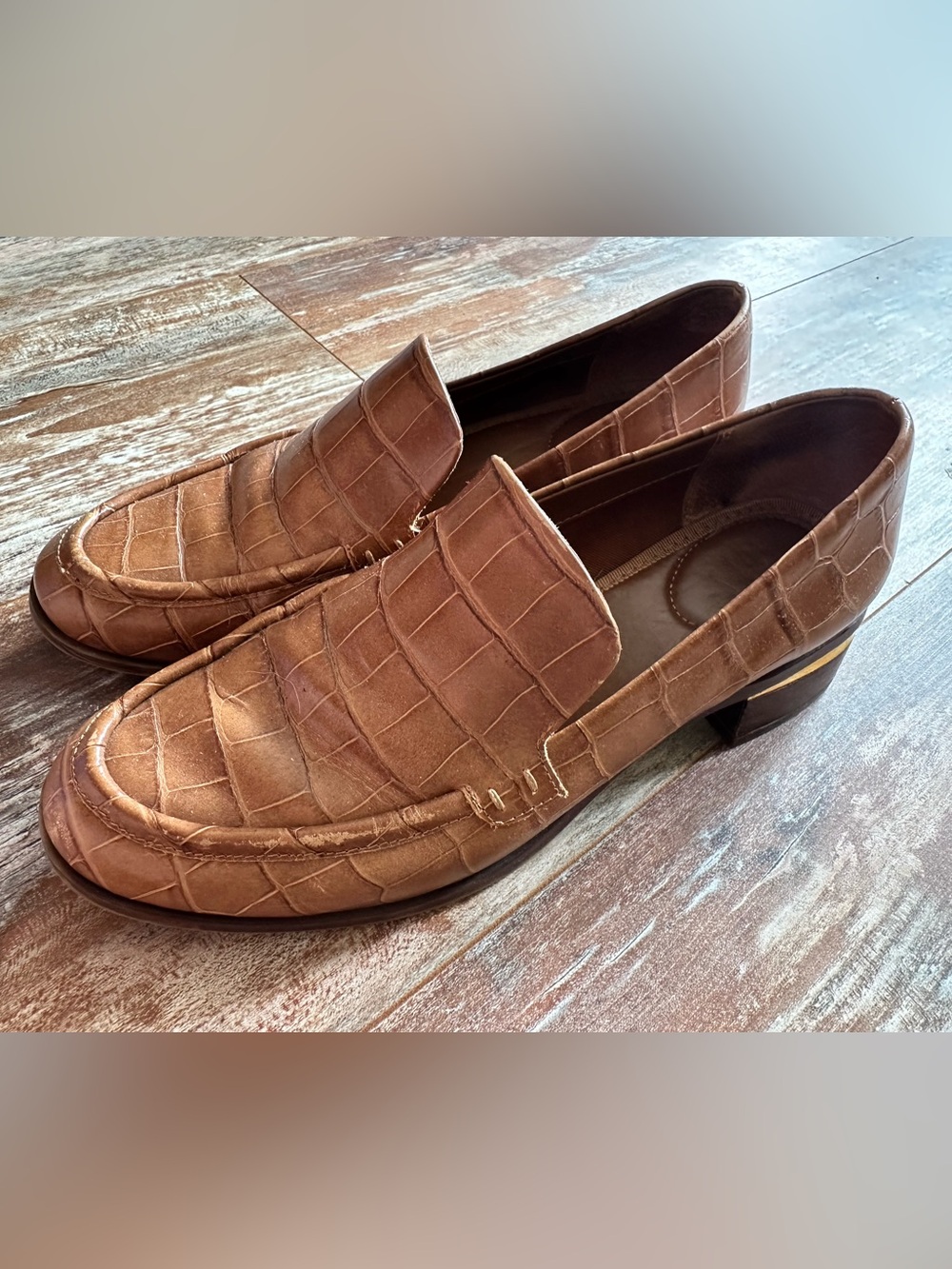 J. Crew Brown Croc-Embossed Leather Loafers with Gold Heel Trim